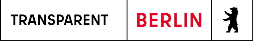 Ein Logo mit dem Wort "TRANSPARENT" in schwarzer Schrift, gefolgt vom Wort "BERLIN" in roter Schrift auf einem transparenten Hintergrund, begleitet von einer Silhouette eines springenden Menschen.