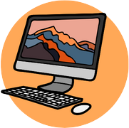 Ein stilisiertes Icon eines Computers mit Bildschirm und Tastatur auf orangefarbenem Hintergrund.