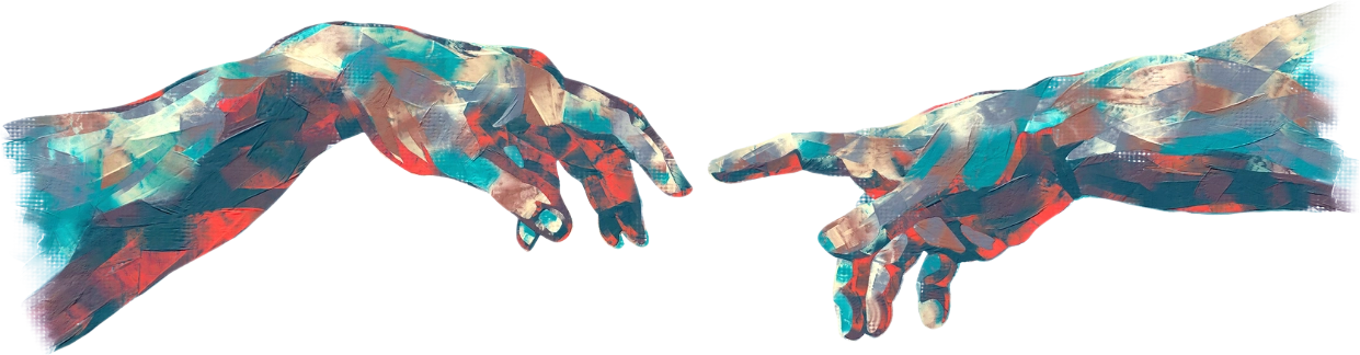 Abstraktes Gemälde von zwei sich entgegenstreckenden Händen in bunten Farben.