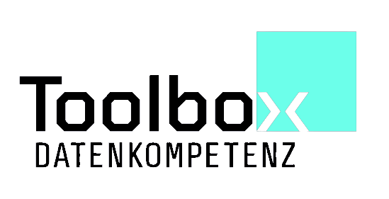Schwarzer Text 'Toolbox' über dem Wort 'DATENKOMPETENZ' mit einem stilisierten, durchgestrichenen 'x' in mintgrüner Farbe auf transparentem Hintergrund.