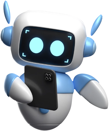 Freundlicher Roboter mit blauen Details auf transparentem Hintergrund.