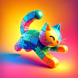 Buntes Puzzle-Katzenbild auf farbigem Hintergrund.