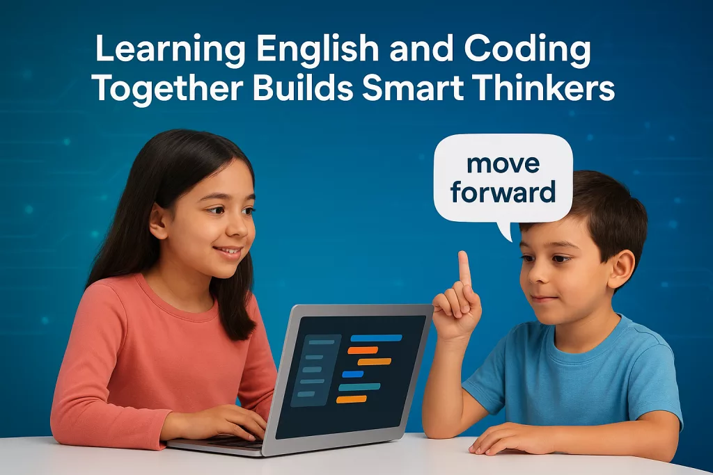 A young girl and boy sit together at a white desk using a laptop with colorful coding blocks on the screen. The boy raises his finger while a speech bubble above him says “move forward.” The background shows a clean, futuristic blue digital design, symbolizing how learning English and coding together builds smart thinkers.